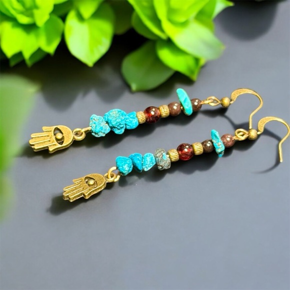 Handcrafted Garnet and Turquoise Hamsa Earrings - Picture 3 of 10